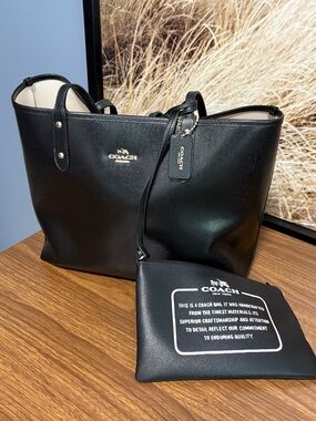 COACH Black Leather Tote with Removable Logo Pouch